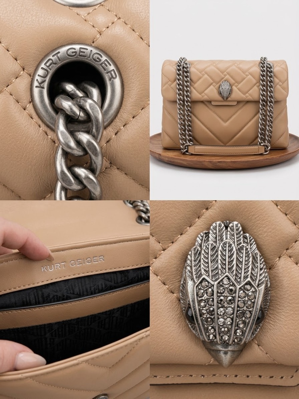 Kurt Geiger Beige Quilted Leather Shoulder Bag with Silver Chain